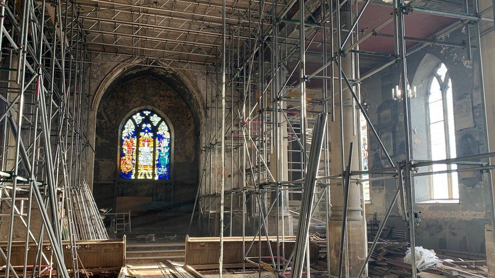 Scaffolding inside St Michael's Church on St Michael's Hill in Bristol after the fire in 2016