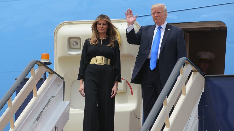 US President Donald Trump and First Lady Melania Trump step off Air Force One upon arrival at King Khalid International Airport in Riyadh on May 20, 2017.