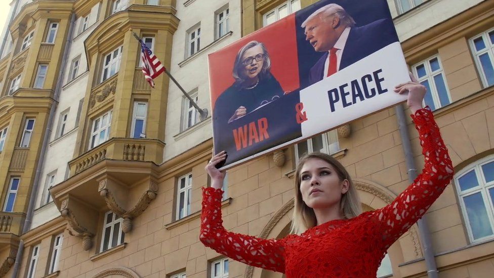 A pro-Putin activist named Maria backs Donald Trump outside the US embassy in Moscow