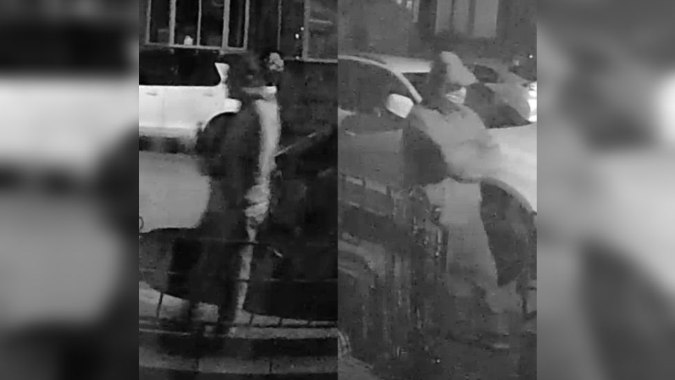 Two grainy CCTV images of men on a dark street.