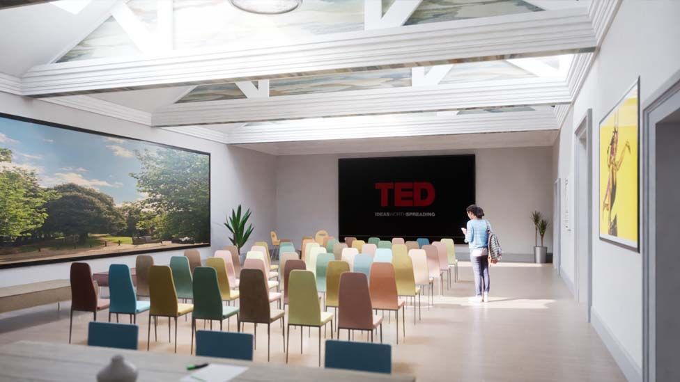 An artist impression of the conference space, a large brightly lit white room with many chairs and a vaulted ceiling