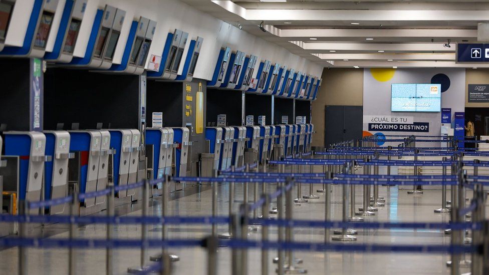 Empty check-in area in Buenos Aires' airport. Photo: 9 May 2024