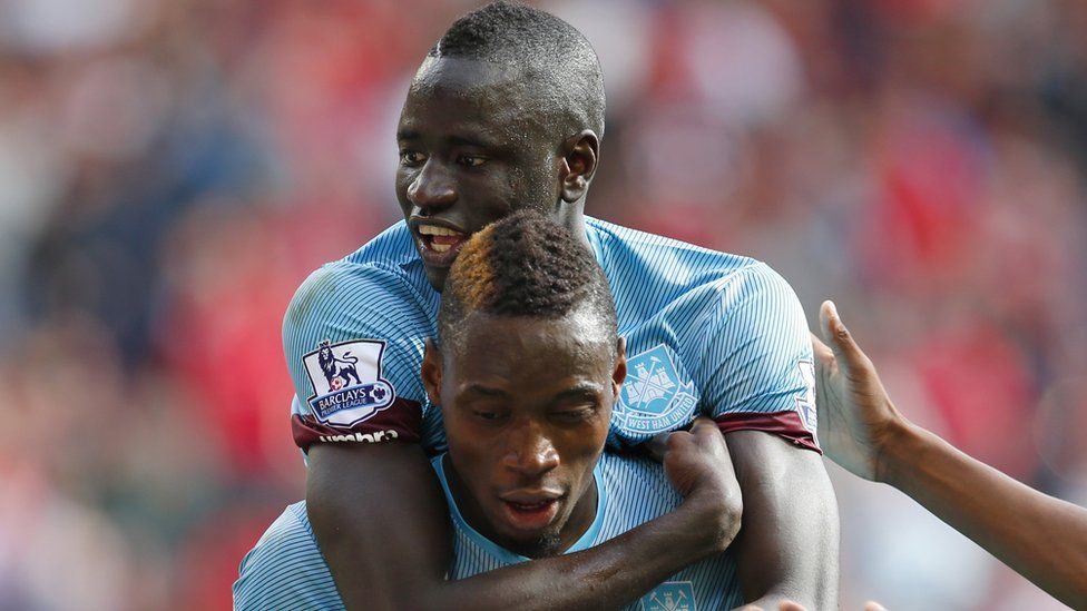 Liverpool v West Ham United - Barclays Premier League - Anfield - 29/8/15 West Ham"s Diafra Sakho and Cheikhou Kouyate celebrate at the end of the match
