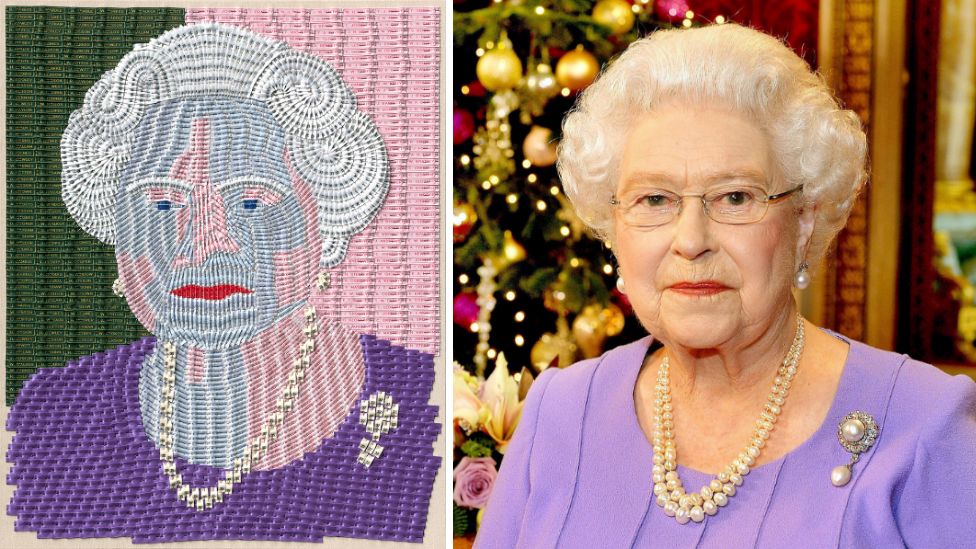 The portrait by Joy Pitts (left) and the Queen from her Christmas message