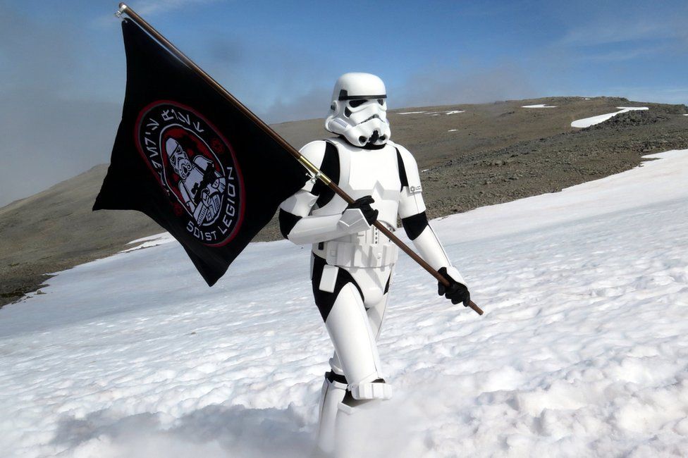 Ashley Broomhall in stormtrooper outift on Ben Nevis