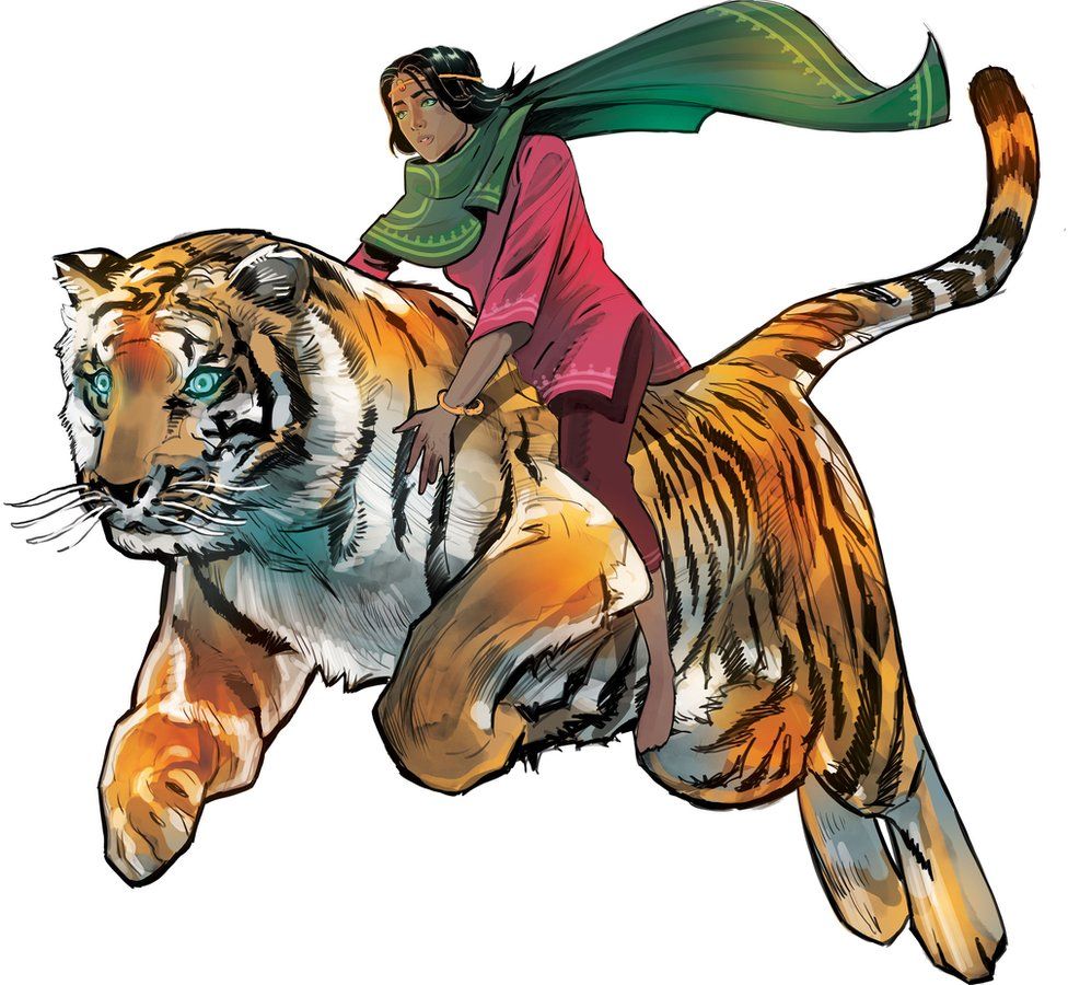 Priya Shakti riding her pet tiger Sahas