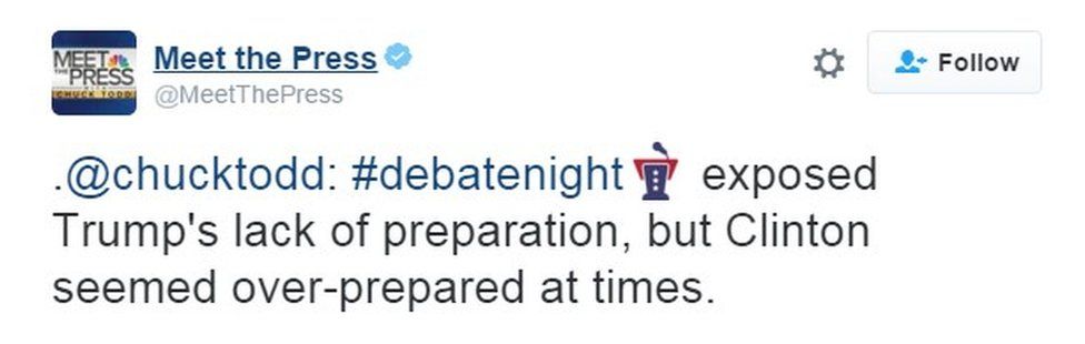 @chucktodd: #debatenight exposed Trump's lack of preparation, but Clinton seemed over-prepared at times.