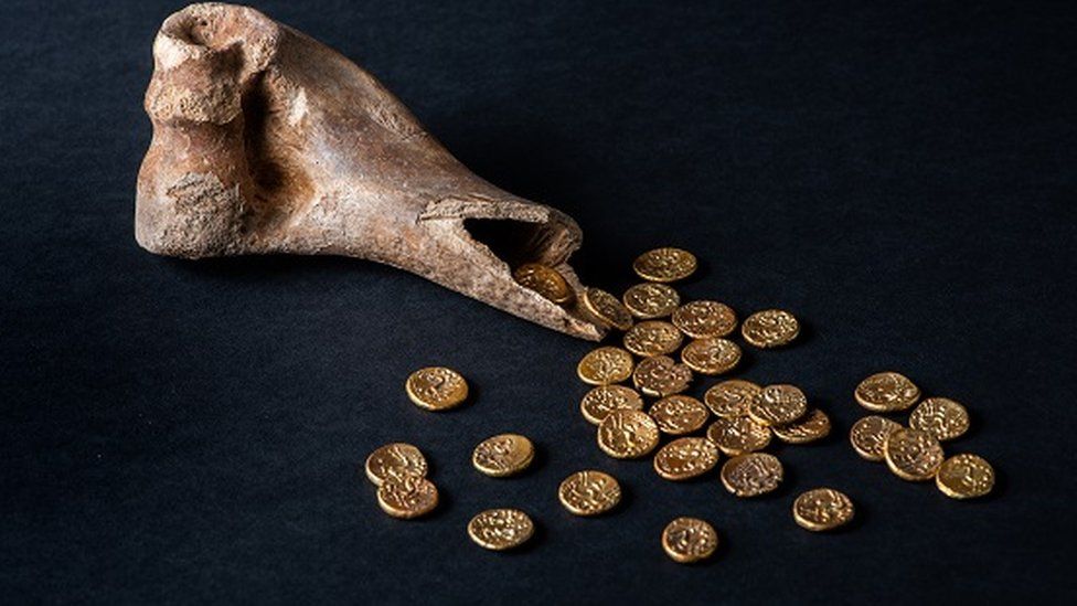 The Sedgeford Hoard, 32 gold Iron-Age coins found inside a cow bone at Sedgeford, Norfolk,