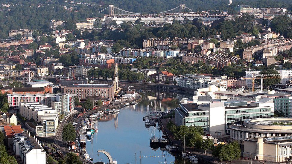 Aerial shot of Bristol city centre and Clifton