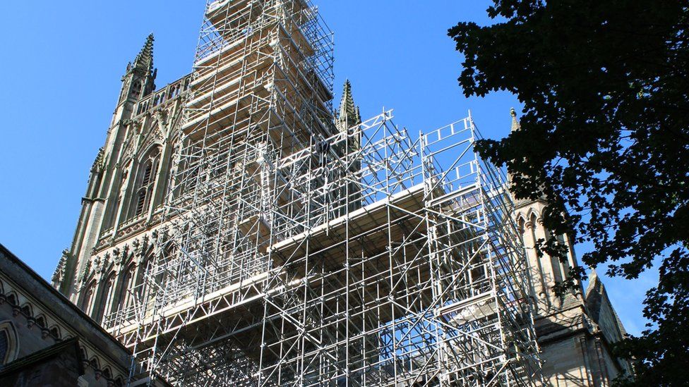 Scaffolding around the tower