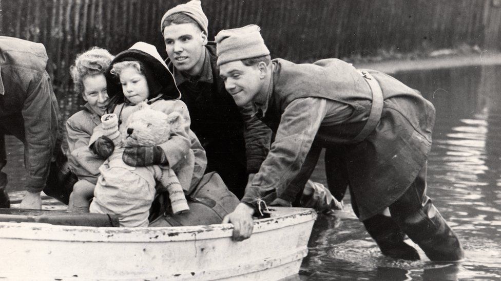 Sylvia Stone and her mother being rescued on Canvey Island