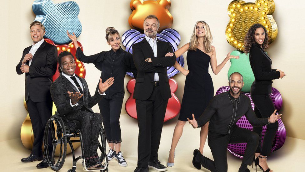 Rob Beckett, Ade Adepitan, Mel Giedroyc, Graham Norton, Tess Daly and Marvin and Rochelle Humes