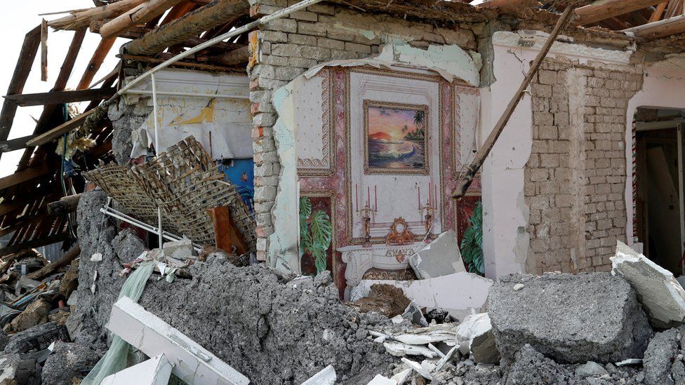 A view shows a building destroyed during Ukraine-Russia conflict in the southern port city of Mariupol