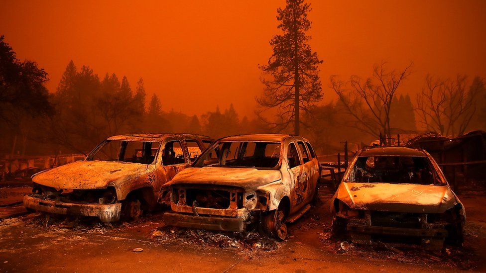 Машины, уничтоженные костром лагеря, сгорели перед оранжевым горизонтом
