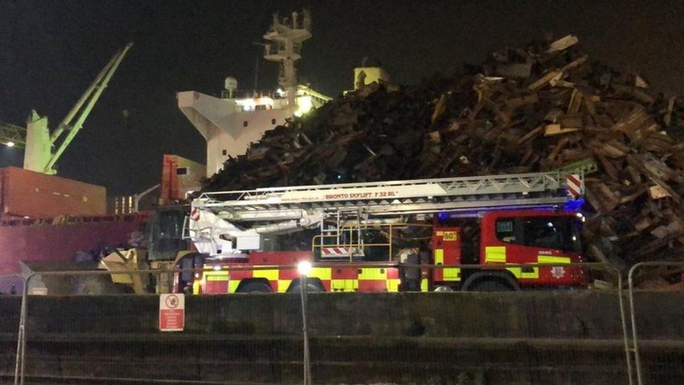A fire engine at the Tilbury Docks because of a fire on a ship