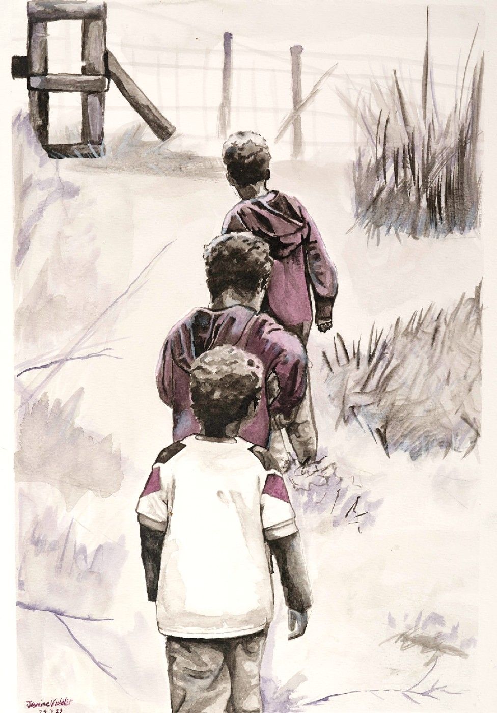 Artwork by Jasmine Violet showing three boys in the countryside