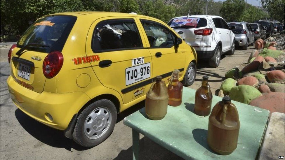 Bottles with smuggled gasoline are seen in Cucuta, Colombia, on the border with Venezuela on 26 August, 2105.