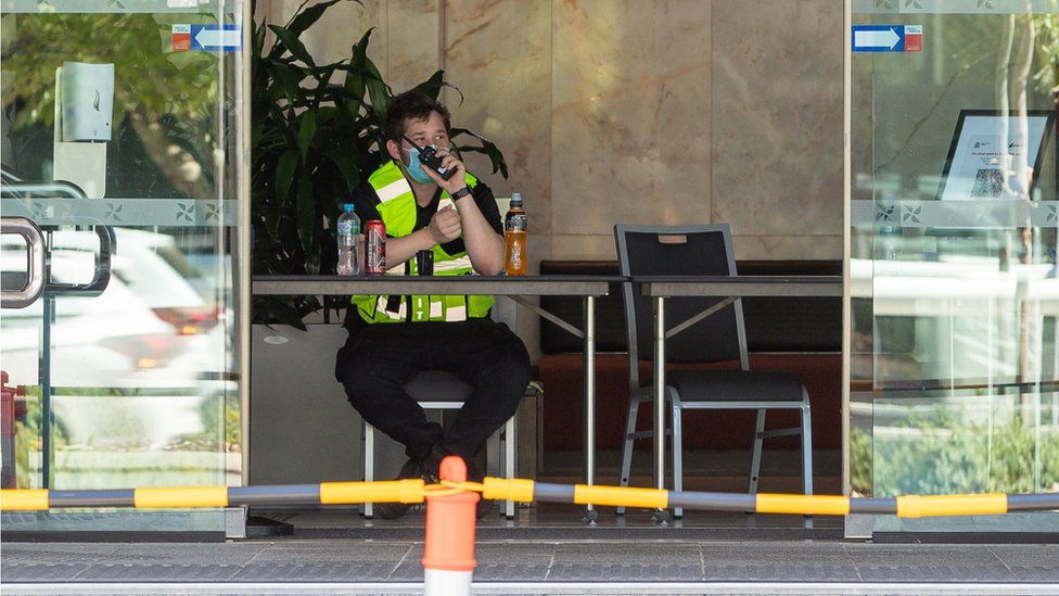 A security guard (not the person referred to in the story) at one of the quarantine hotels in Perth