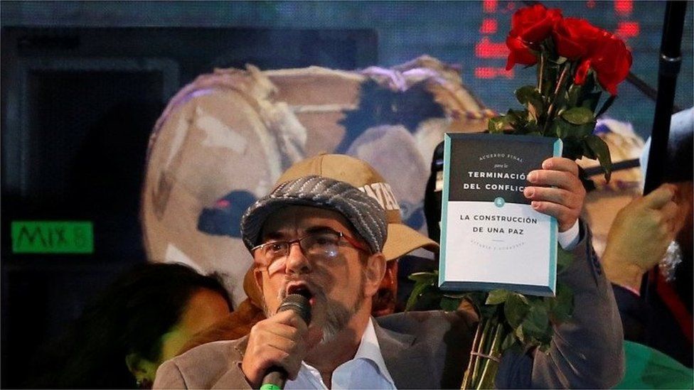 FARC leader Rodrigo Londono speaking in Bogota, at the launch of his political party in September