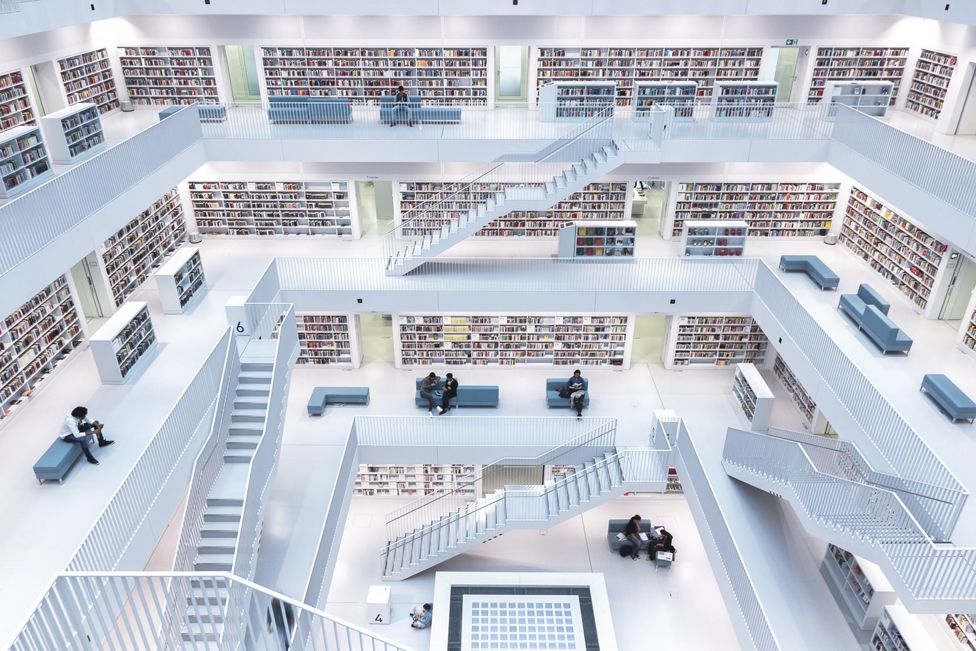 The modern interior of the city library in Stuttgart