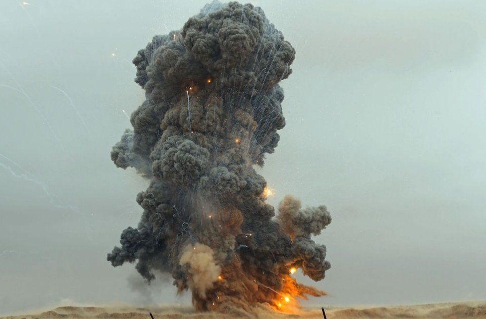 UN-recognised Libyan Government of National Accord (GNA) detonate an explosive device, uncovered from areas south of the capital, in the Libyan capital Tripoli on October 12, 2020.