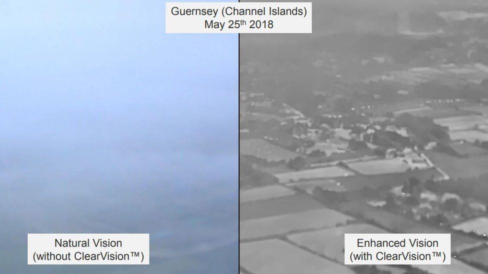 A comparison of what a pilot see in foggy conditions (left) and using the ClearView technology (right)