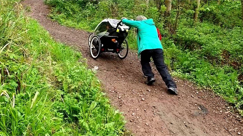 Pushing the trailer up a hill