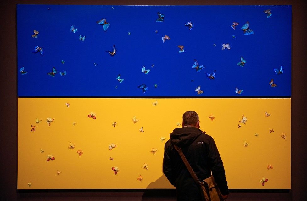 A new piece based on the Ukrainian flag, created by Damien Hirst for the exhibition, Ukraine: Defending Freedom