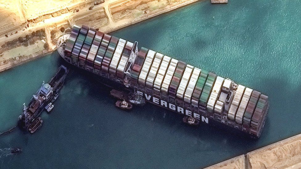 The container ship 'Ever Given' is refloated, unblocking the Suez Canal on March 29, 2021 in Suez, Egypt.