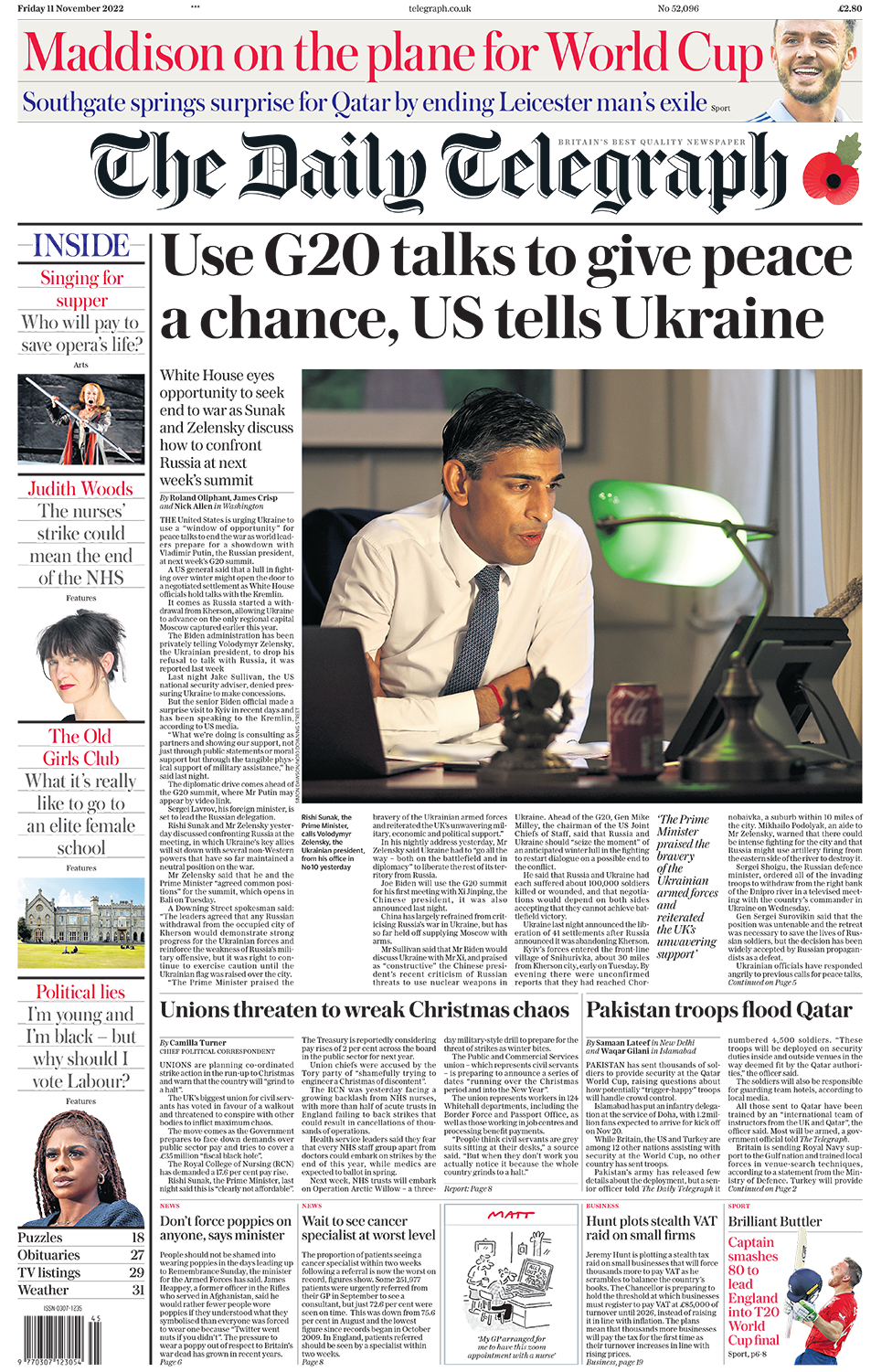 The headline in the Telegraph reads: "Use G20 talks to give peace a chance, US tells Ukraine"