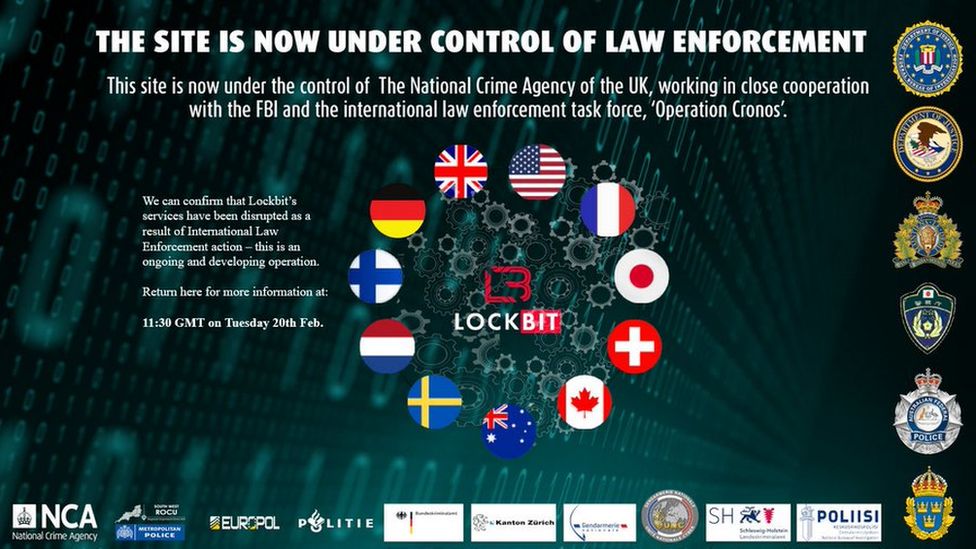 An image of the screen of LockBit's website, that reads "The site is now under control of law enforcement" alongside images of flags of various countries that participated in the operation