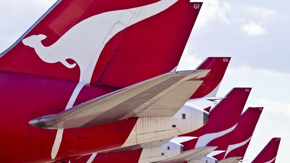 The tails of a row of Qantas jets at an airport.