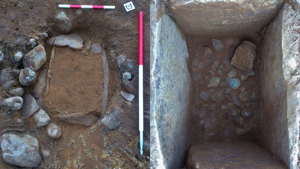 The second cist before and after soil was removed from it