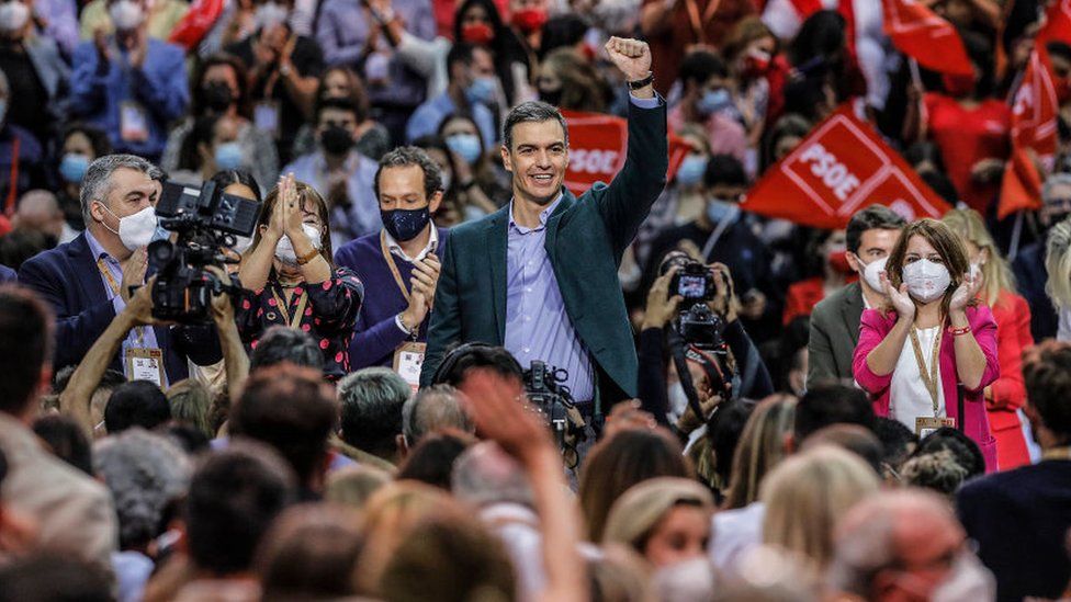 Spanish Prime Minister Pedro Sanchez speaking at his party conference in Valencia.