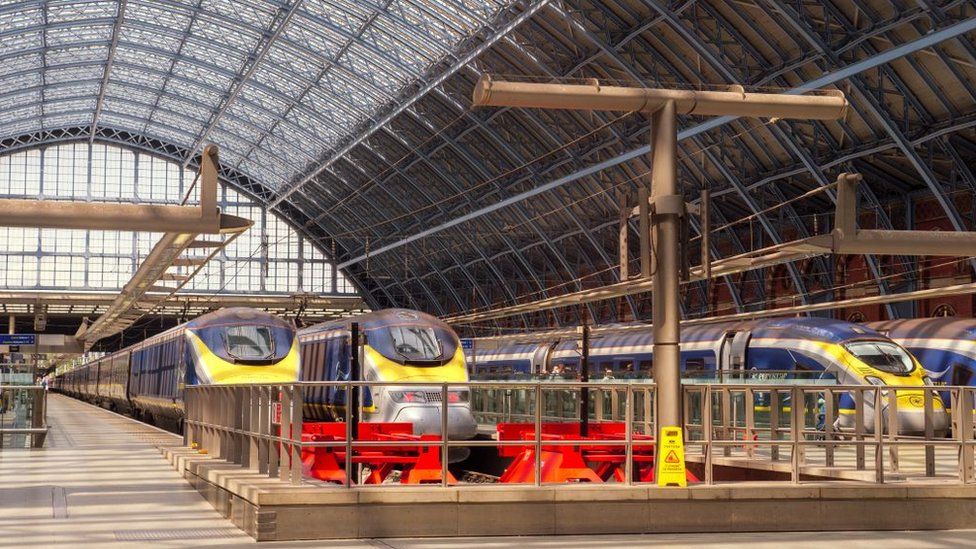 Eurostar trains on the platform at St Pancras International station, London