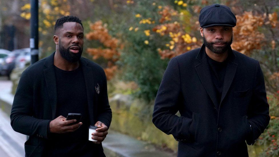 Former Everton players Joleon Lescott (right) and Victor Anichebe arrive
