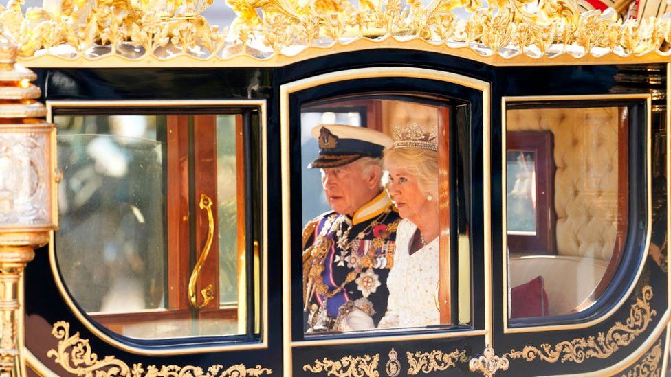 King Charles III and Queen Camilla leave Buckingham Palace in the Diamond State Coach ahead of the State Opening of Parliament on 7 November, 2023