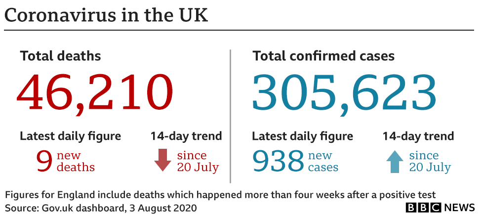 Summary of impact of coronavirus on the UK as of 3 August, including 46,210 confirmed deaths and 305,623 confirmed cases