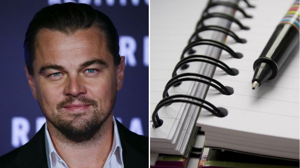 Leonardo Dicaprio and a pen and notebook