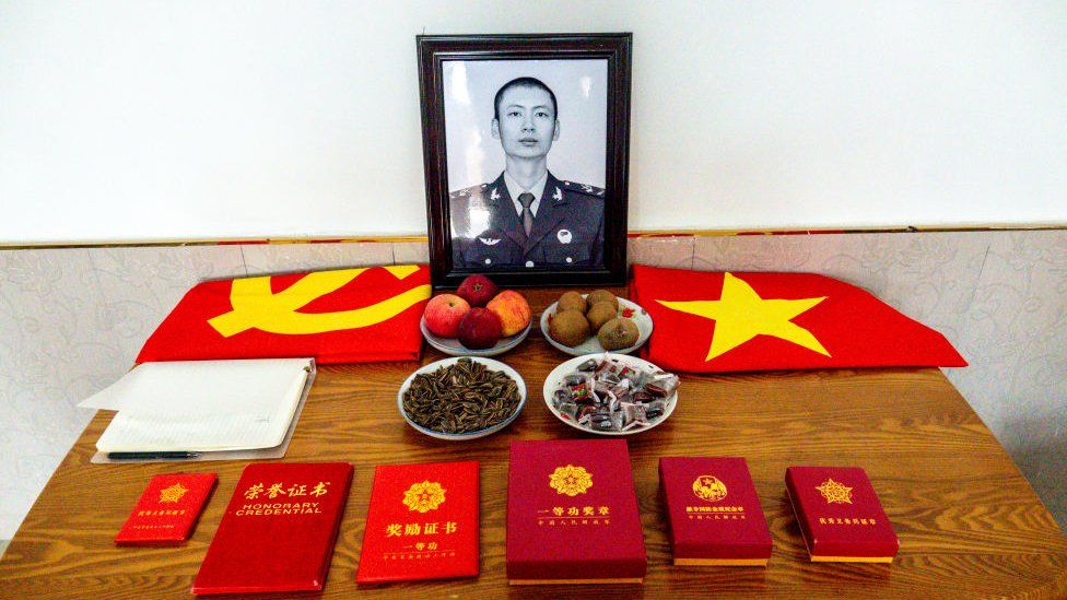 A view of the memorial service desk at the home of Xiao Siyuan, one of the four PLA soldiers killed in the last year