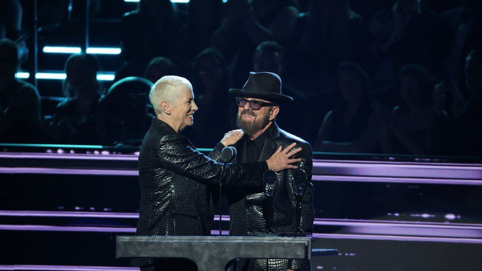 Annie Lennox and Dave Stewart of Eurythmics on stage at the 37th Annual Rock & Roll Hall of Fame Induction Ceremony in Los Angeles on Saturday