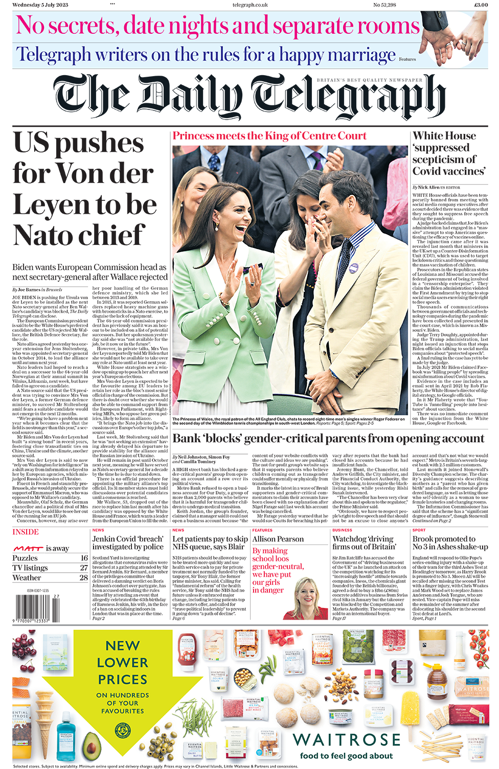 Главный заголовок на первой полосе Daily Telegraph гласит: «США настаивают на том, чтобы фон дер Ляйен стал главой НАТО».