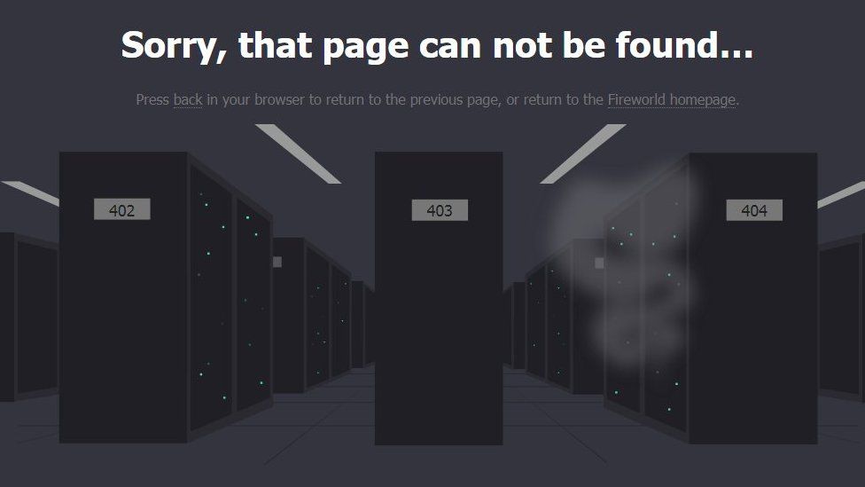 Screengrab from Fireworld's homepage reading "Sorry, that page can not be found..."