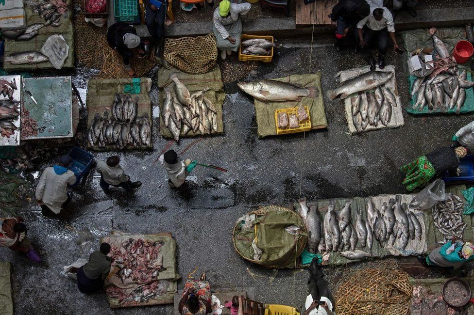 Fish vendors stand by their stalls at the Gikomba fish market in Nairobi.