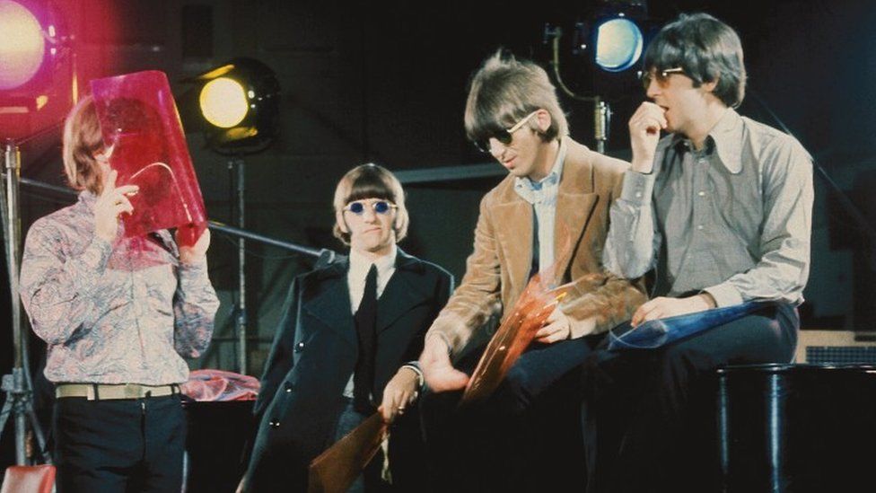 The Beatles in Abbey Road Studios during filming of the Paperback Writer and Rain promotional films.