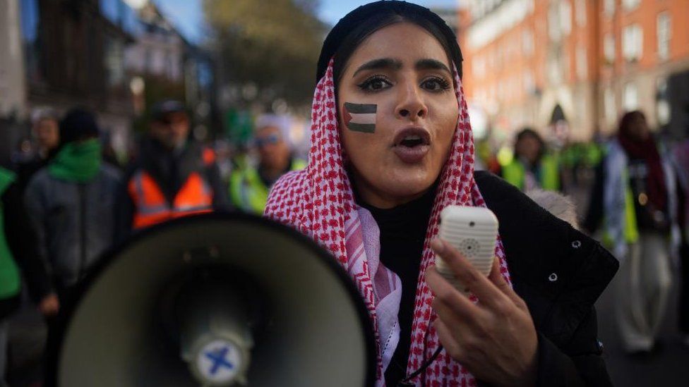 A woman during a pro-Palestinian protest in London