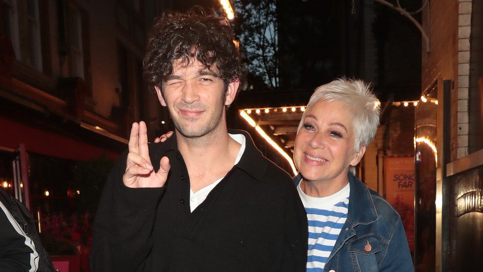 Matty Healy and mother Denise Welch are seen at J Sheekey on July 05, 2023 in London