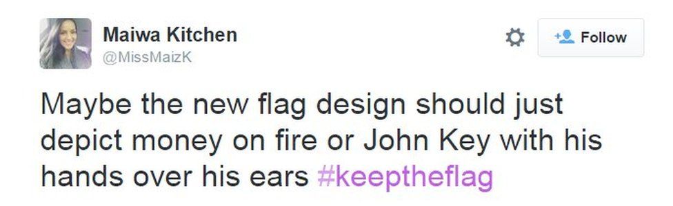 Tweet text: "Maybe the new flag design should just depict money on fire or John Key with his hands over his ears #keeptheflag"