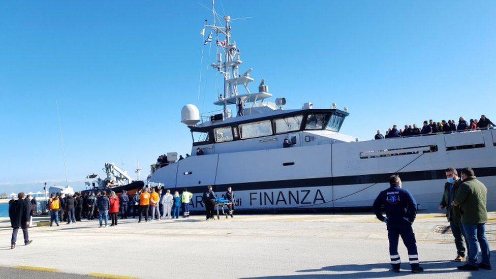 An Italian boat, carrying passengers of "Euroferry Olympia" arrives at the port of Corfu Island, Greece, 18 February 2022