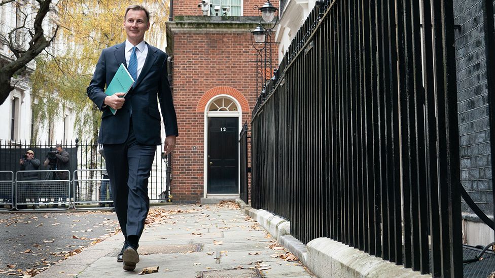 Jeremy Hunt walking outside number 11 Downing Street in a suit and blue tie holding a green budget statement in November 2023